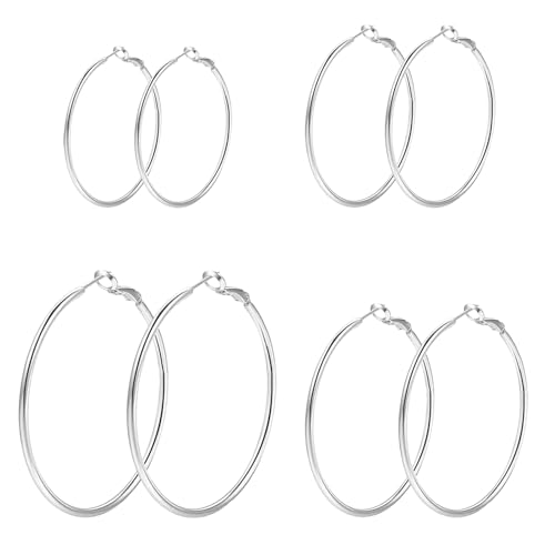 4 Pairs Silver Hoop Earrings for Women 30/40/50/60mm | Hypoallergenic, Stainless Steel, Big Thin Lightweight, Dangle Set - color: 4 Pairs Silver-30/40/50/60mm