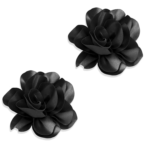 2Pack 6inch Extra Large Satin Brooches Lapel Pins Dainty Elegant Fabric Camellia Rose Flower Brooch Pin for Women Wedding Part Dance Clothes Accessories Jewelry - color: Black