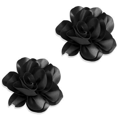 2Pack 6inch Extra Large Satin Brooches Lapel Pins Dainty Elegant Fabric Camellia Rose Flower Brooch Pin for Women Wedding Part Dance Clothes Accessories Jewelry - color: Black