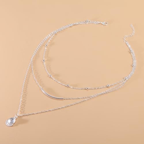 HUASAI Boho Necklaces for Women Dainty Layered Choker Necklace Bohemian Turquoise Necklace Statement Jewelry Western Cowgirl Country Concert Outfits Accessories - color: C Silver Layered Beaded Moonstone Necklace