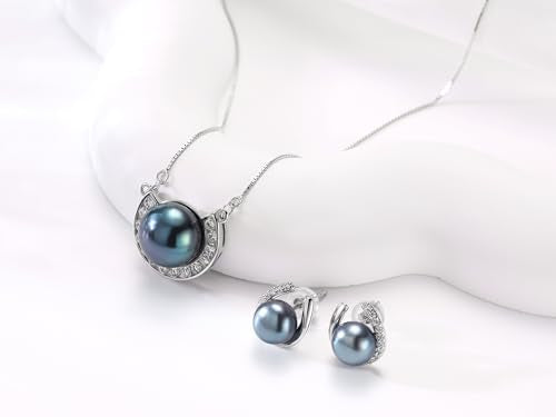 YAMI Pearl Jewelry Set for Women, Natural Cultured Pearl Necklace&Earrings | 11-12mm Pearl, 925 Sterling Silver with 5A Cubic Zirconia, Wedding Jewelry Sets, Valentine's Day/Mother's Day/Christmas Gift - color: Black
