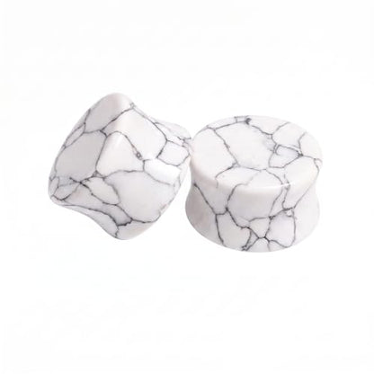 Pair of Solid White Howlite Semi Precious Stone Double Flare Ear Plugs E629 - size: 1 Inch (25mm)