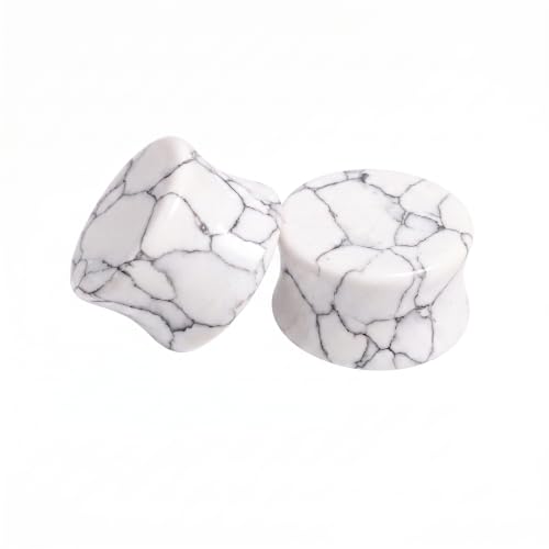 Pair of Solid White Howlite Semi Precious Stone Double Flare Ear Plugs E629 - size: 5/8 Inch (16mm)