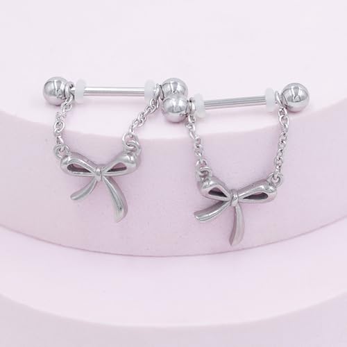 14G Bow Knot Dangle Nipple Rings for Women Silver Chain CZ Crystal Butterfly Nipple Shield Barbell Nipplerings Piercing Sexy Body Piercing Jewelry - color: Bow