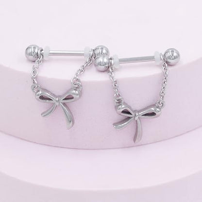 14G Bow Knot Dangle Nipple Rings for Women Silver Chain CZ Crystal Butterfly Nipple Shield Barbell Nipplerings Piercing Sexy Body Piercing Jewelry - color: Bow