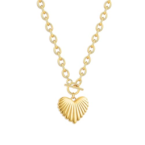 Zeffy 14K Gold/Silver Plated Chunky Thick Chain Toggle Clasp Necklace Dainty Baroque Pearl/Heart/Cross/Turquoise Pendant Necklace - color: Gold Big Shell Heart Necklace