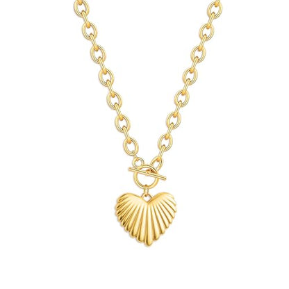 Zeffy 14K Gold/Silver Plated Chunky Thick Chain Toggle Clasp Necklace Dainty Baroque Pearl/Heart/Cross/Turquoise Pendant Necklace - color: Gold Big Shell Heart Necklace