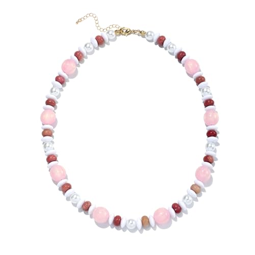RISHEGAE Chunky Beaded Necklace for Women Boho Resin Beaded Choker Necklace Adjustable Surfer Beach Strand Necklaces Gold Handmade Acrylic Beads Jewelry Gift for Women - color: Style 3pink white