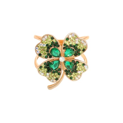 Rhinestone Green Four Leaf Clover Silk Scarf Ring Clip for Women Gold-Tone Dainty Crystal Flower Scarf Slide Buckle Holder Clasp Lucky Decor Dress Accessories St Patrick's Day Holiday Jewelry
