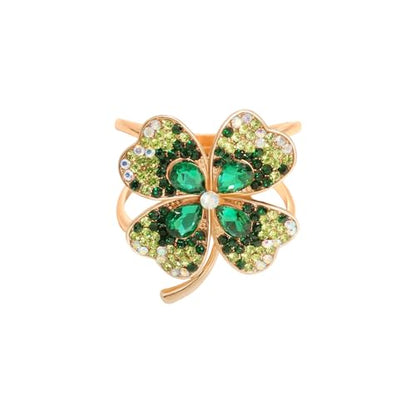 Rhinestone Green Four Leaf Clover Silk Scarf Ring Clip for Women Gold-Tone Dainty Crystal Flower Scarf Slide Buckle Holder Clasp Lucky Decor Dress Accessories St Patrick's Day Holiday Jewelry