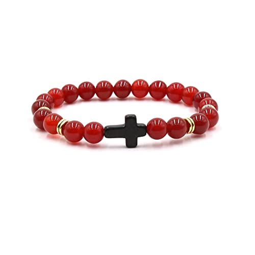 8MM Ornament Lava Volcanic Stone Beads Turquoise Cross Elastic Stretch Bracelet Religion Bangle for Women Men - color: Rubine