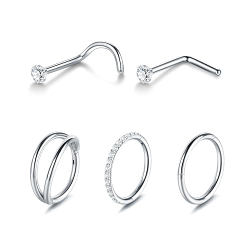 Xpircn 5pcs Hoop Nose Rings and L Shaped Nose Rings Stud Set 18G/20G Stainless Steel CZ Helix Conch Daith Tragus Cartilage Hoop Earrings for Women 6mm 7mm 8mm 10mm - color: Silver, size: 18G, 8mm hoop & 7mm studs