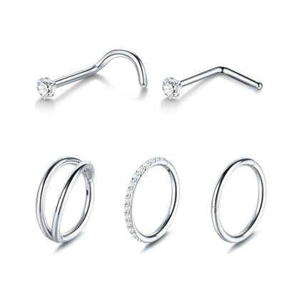 Xpircn 5pcs Hoop Nose Rings and L Shaped Nose Rings Stud Set 18G/20G Stainless Steel CZ Helix Conch Daith Tragus Cartilage Hoop Earrings for Women 6mm 7mm 8mm 10mm - color: Silver, size: 18G, 8mm hoop & 7mm studs