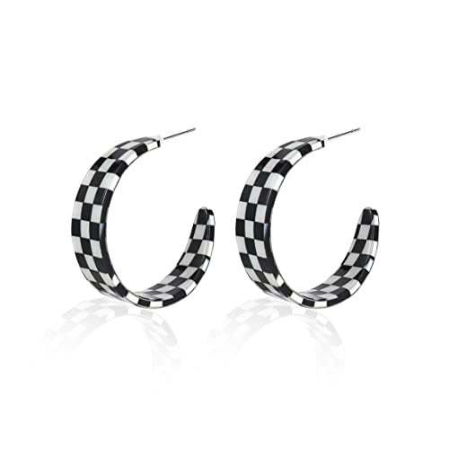 Vintage Minimalist 80s C Shaped Acrylic Dangle Earrings Lightweight Geometric Black White Plaid Hoop Earrings Colorful Chunky Big Earrings Statement Jewelry Gifts for Women - color: C-Black