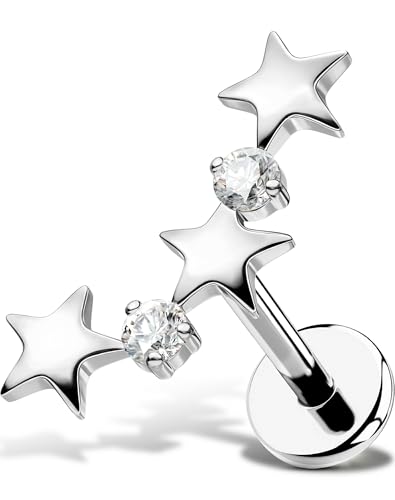 OUFER Body Piercing Star Helix Piercing Jewelry 18G Helix Earrings for Women 318L Stainless Steel Internally Thread Conch Helix Stud Flat Back Cartilage Earring for Women - color: Silver-Clear CZ, size: 1.0*8mm