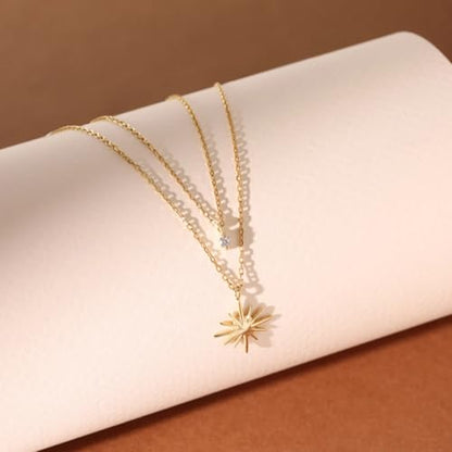 Gold Necklace For Women, Layered 14K Real Gold Plated Necklaces For Women,Dainty Gold Paperclip Chain Tear Circle CZ Pendant Necklace Stack,Trendy Gold Jewelry Set Gifts - style: Layered Diamond CZ Sun Pendant-Gold