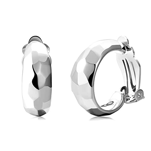 Clip on Earrings Women, 14K Gold Hoop Clip-On Earrings for Women, Hypoallergenic Non Pierced Croissant Earrings - color: Silver High Gloss Hoop