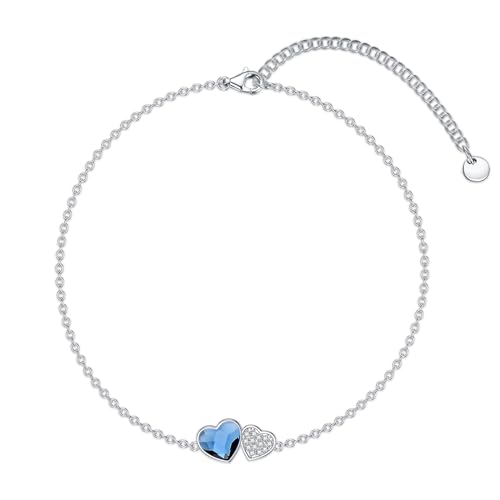 925 Sterling Silver Anklet Foot Bracelet with Crystal from Austria, Anklet Jewelry Gifts for Women 11 Inch Adjustable - style: Heart