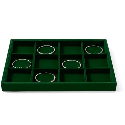 12-Grid Velvet Jewelry Tray for Bracelet & Bangle Storage Green | 12 Compartments, Stackable Design, For Home Dresser & Retail Display, Smooth Lining, Durable Construction - size: 12 Grid