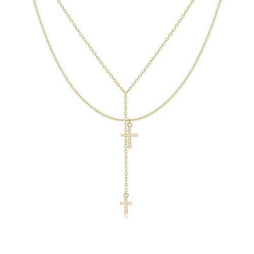 Dochais Dainty Gold Layered Necklace for Women, 14K Gold Plated Y Necklace & Chain, Dainty Lariat Long Necklaces, Trendy Cubic Zirconia Choker, Sun, Heart, Pearl & Cross Pendant Necklace, Jewelry Gift - color: Y Layered Cross Pendant Lariat-GD