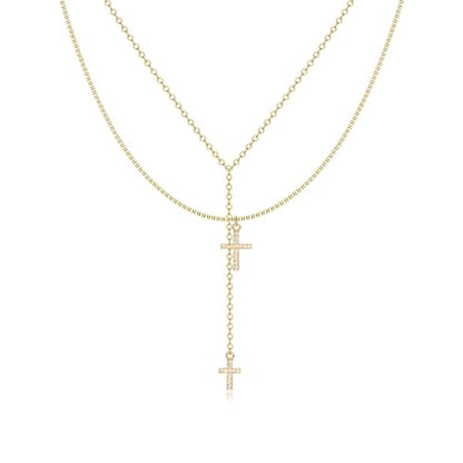 Dochais Dainty Gold Layered Necklace for Women, 14K Gold Plated Y Necklace & Chain, Dainty Lariat Long Necklaces, Trendy Cubic Zirconia Choker, Sun, Heart, Pearl & Cross Pendant Necklace, Jewelry Gift - color: Y Layered Cross Pendant Lariat-GD
