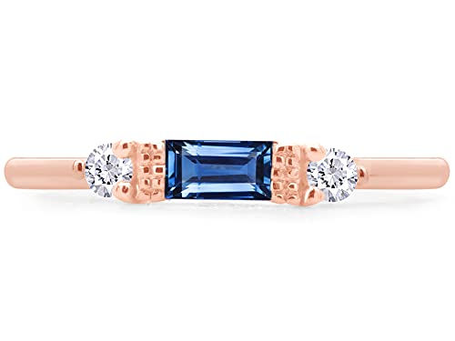 3 Stone Stackable Ring for Women with Birthstone And White Cubic Zircionia | Dainty Minimalist Ring In 14K Gold Over Sterling Silver - color: Rose Gold : Simulated Blue Sapphire