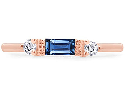3 Stone Stackable Ring for Women with Birthstone And White Cubic Zircionia | Dainty Minimalist Ring In 14K Gold Over Sterling Silver - color: Rose Gold : Simulated Blue Sapphire