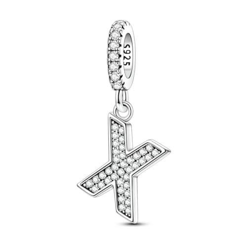 Hapour Letter 925 Sterling Silver Charm with Cubic Zirconia Alphabet A-Z Initial Dangle Charms Beads Pendent DIY Jewelry for Bracelets Necklace - color: X