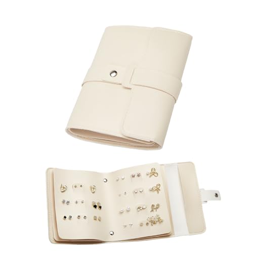 LAKE OF FIRE Earring Holder Organizer with Foldable Book Design,Beige | Portable,Pu Leather,42 Pairs Earring Storage Organizer,Travel Essentials for Women - color: Beige