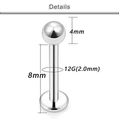 20G 18G 16G 14G 12G Lip Labret Monroe Medusa Nose Rings Stud 316L Surgical Steel Tragus Helix Cartilage Earring Tongue Cheek Piercing Jewelry Bars 6mm 8mm 10mm 12mm 14mm 16mm 19mm 18PCS - color: Silver, size: 12G - 8mm
