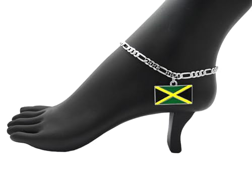 Women's Flag Pendant 5mm 10" Figaro Chain Ankle Bracelet Anklet - style: Jamaica/Silver-Tone
