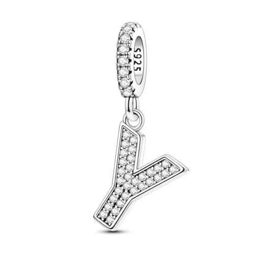 Hapour Letter 925 Sterling Silver Charm with Cubic Zirconia Alphabet A-Z Initial Dangle Charms Beads Pendent DIY Jewelry for Bracelets Necklace - color: Y