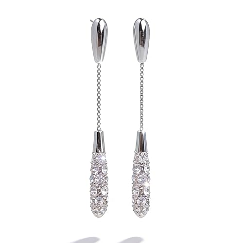 Trendy Silver Water Drop Dangle Earrings for Women - Sparkly Crystal Long Tassel Earrings