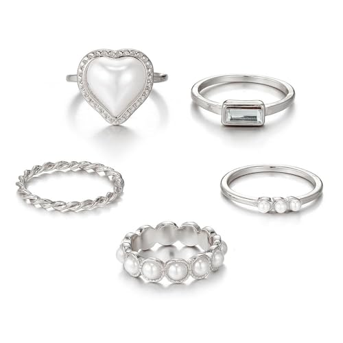 5Pcs Silver Plated Rings Set Female Pearl Heart Pearl Beads Joint Knuckle Rings Dainty Twist Midi Tail Finger Rings Y2k Heart Rings Dainty Faux Pearl Stackable Rings Sets Valentine's Day Xmas Gift - color: 5pcs silver set