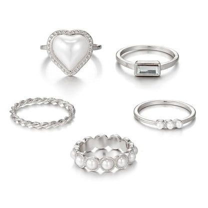5Pcs Silver Plated Rings Set Female Pearl Heart Pearl Beads Joint Knuckle Rings Dainty Twist Midi Tail Finger Rings Y2k Heart Rings Dainty Faux Pearl Stackable Rings Sets Valentine's Day Xmas Gift - color: 5pcs silver set