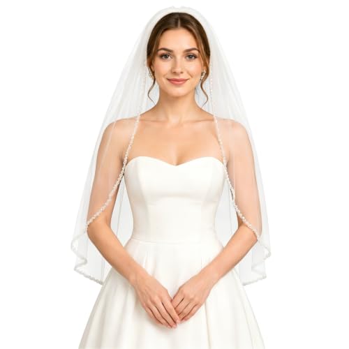 Wedding Veil 1 Tier Fingertip Length Wedding Bridal Veil with Comb Pearls Crystals Beaded Edge