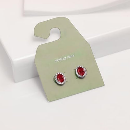 LeCalla 925 Sterling Silver Cubic Zirconia Stud Earrings for Women | Classic CZ Silver Earrings Jewelry | Birthday Anniversary Valentine’s Day Gift for Her, Wife, Mom - color: Oval Halo CZ Ruby