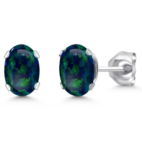 Gem Stone King Oval Gemstone Birthstone Stud Earrings for Women Men | Oval Cut 7X5MM | Fine Jewelry Gifts for Mom Dad Wife Him Her - style: Green Simulated Opal-Cabochon, October