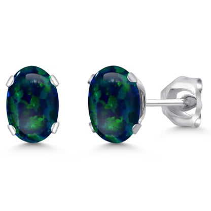 Gem Stone King Oval Gemstone Birthstone Stud Earrings for Women Men | Oval Cut 7X5MM | Fine Jewelry Gifts for Mom Dad Wife Him Her - style: Green Simulated Opal-Cabochon, October
