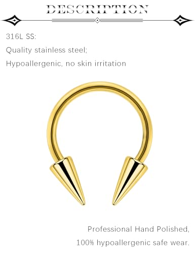 6Pcs Septum Rings 16G Surgical Steel Snake Bite Jewelry Long Spike Horseshoe Lip Rings Smiley Piercing Jewelry for Women Men 8mm 10mm - color: 16g,Diameter:10mm,goldtone