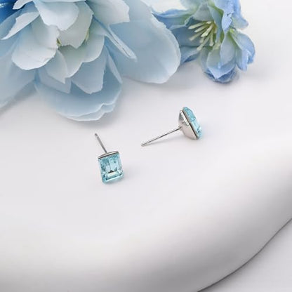 Rectangle Aquamarine Blue Crystal Sterling Silver Stud Earrings Sparkly Gemstone Dainty Fashion Jewelry for Women