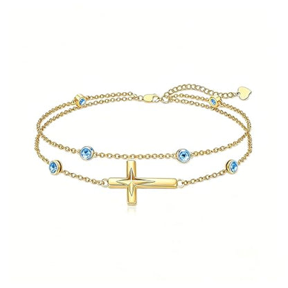 Midari 18K Yellow Gold Gemstone Birthstone Anklet Bracelet Cross Jewelry with 12 Months Birthstone Birthday Gifts for Women Wife Her Daughter Mom - color: 12-Dec-Topaz, size: Bracelet 7"-9"