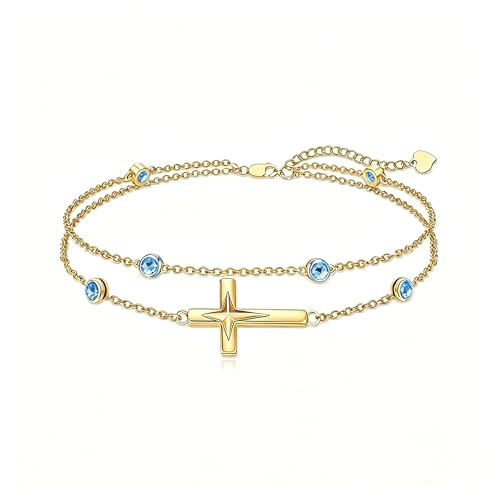 Midari 18K Yellow Gold Gemstone Birthstone Anklet Bracelet Cross Jewelry with 12 Months Birthstone Birthday Gifts for Women Wife Her Daughter Mom - color: 12-Dec-Topaz, size: Anklet 9"-11"