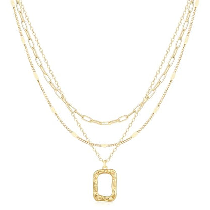 Gold Necklace for Women 14K Gold Plated Layered Cross Bar Necklace Herringbone Figaro Paperclip Flat Chain Cute Charm Accessories Non Tarnish Jewelry Set Gifts for Women - style: R-NK-07-Rectangle circle-GD