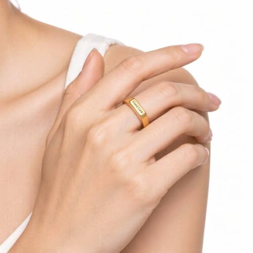Stainless Steel Square Signet Rings for Men Women Gold/Silver Plain Pinky Thumb Ring, Gift for Dad Husband - color: Rectangle Gold-Custom