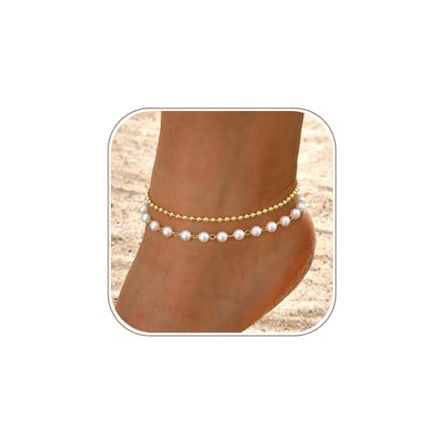 Gold Ankle Bracelets for Women, Dainty 14K Gold Plated Anklets for Women Waterproof Cuban Link Chain Pearl Anklet Set Trendy Layered Stackable Ankle Bracelet Non Tarnish Jewelry for Her - color: A0111