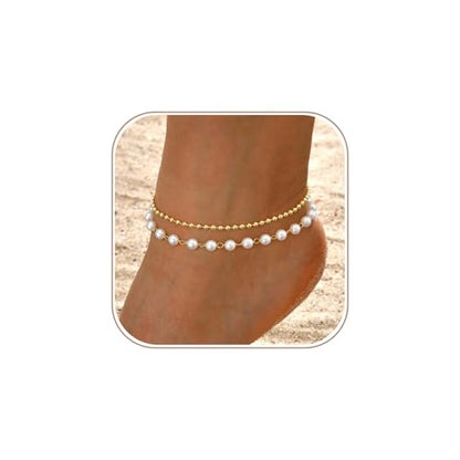 Gold Ankle Bracelets for Women, Dainty 14K Gold Plated Anklets for Women Waterproof Cuban Link Chain Pearl Anklet Set Trendy Layered Stackable Ankle Bracelet Non Tarnish Jewelry for Her - color: A0111