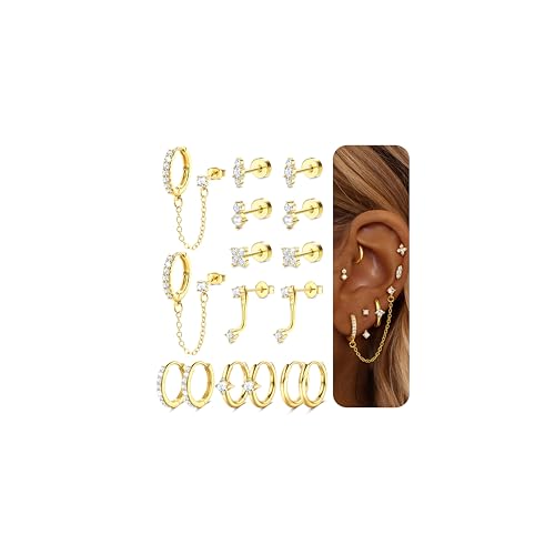 Gold Earrings for Women Flat Back Earrings Hypoallergenic Earring Stacks | 14K Gold Plated Surgical Stainless Steel Earring Set Chain Cartilage Earrings - Helix Piercing Jewelry for Women Trendy Gold - color: Gold 2