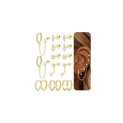 Gold Earrings for Women Flat Back Earrings Hypoallergenic Earring Stacks | 14K Gold Plated Surgical Stainless Steel Earring Set Chain Cartilage Earrings - Helix Piercing Jewelry for Women Trendy Gold - color: Gold 2