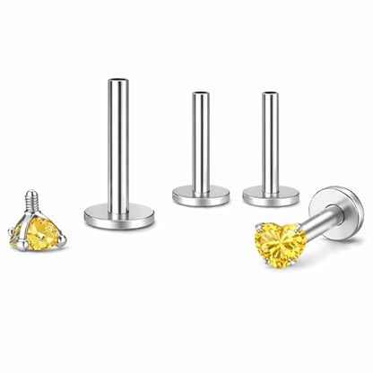 Titanium Heart CZ Labret Stud Earrings for Piercings by Ginger Lyne 6Pc Set G23 Screw Front Flat Back Body Jewelry 2 pair post 6mm, 8mm Cartilage, Helix, Tragus, Lip, Conch, Lobe - color: 3mm-Yellow